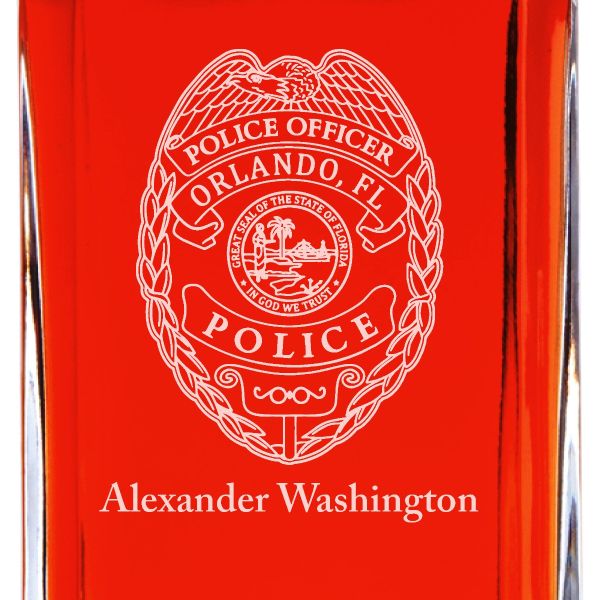 Custom Engraved Police Badges  - Personalized Whiskey Decanter Set In Wood Gift Box - Orlando FL Police Badge