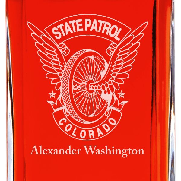 Custom Engraved Police Badges  - Personalized Whiskey Decanter Set In Wood Gift Box - State Patrol Colorado Winged Wheel