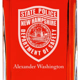 Custom Engraved Police Badges  - Personalized Whiskey Decanter Set In Wood Gift Box - State Police New Hampshire Patch