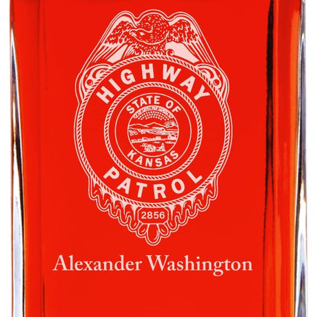 Custom Engraved - Police Badges - Personalized Whiskey Decanter In Wood Gift Box - Highway Patrol State of Kansas Badge