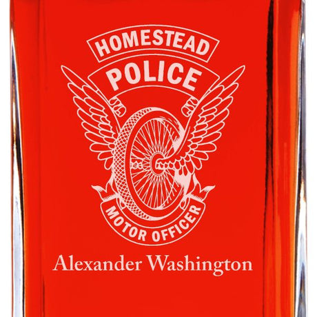 Custom Engraved - Police Badges - Personalized Whiskey Decanter In Wood Gift Box - Homestead Police Winged Wheel