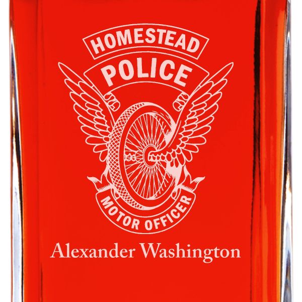 Custom Engraved Police Badges  - Personalized Whiskey Decanter Set In Wood Gift Box - Homestead Police Winged Wheel
