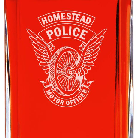 Custom Engraved - Police Badges - Personalized Whiskey Decanter In Wood Gift Box - Homestead Police Winged Wheel