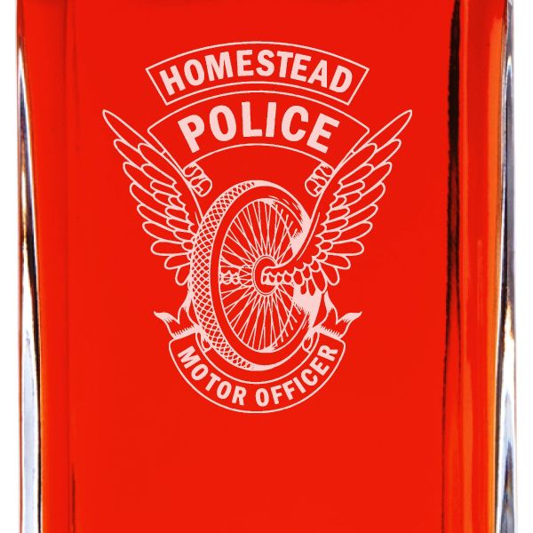 Custom Engraved Police Badges  - Personalized Whiskey Decanter Set In Wood Gift Box - Homestead Police Winged Wheel