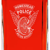 Custom Engraved Police Badges  - Personalized Whiskey Decanter Set In Wood Gift Box - Homestead Police Winged Wheel