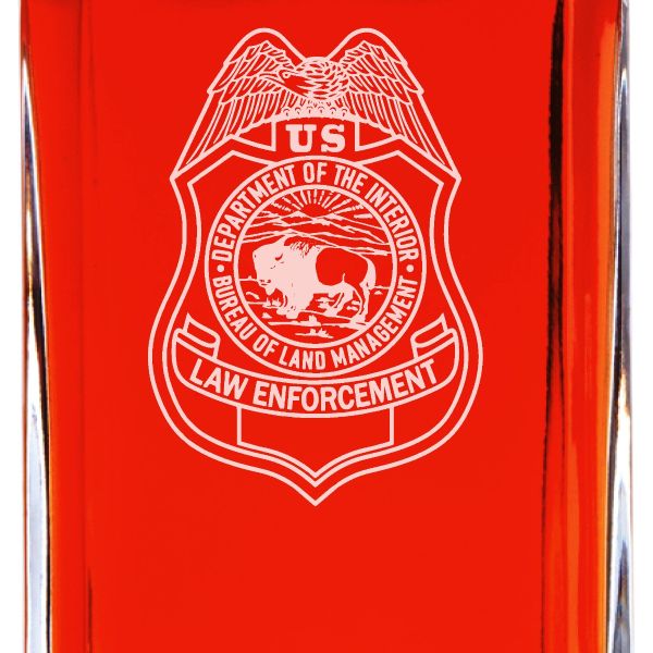 Custom Engraved Police Badges  - Personalized Whiskey Decanter Set In Wood Gift Box - Dept of Interior Bureau of Land Management Badge