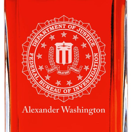 Custom Engraved Police Badges  - Personalized Whiskey Decanter Set In Wood Gift Box - FBI Patch