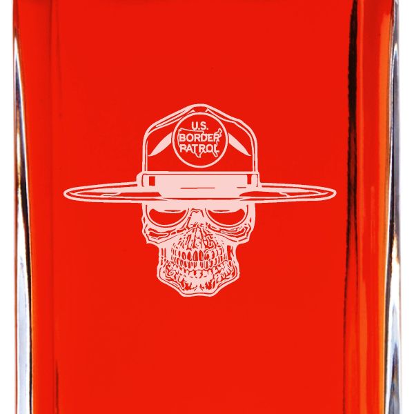 Custom Engraved Police Badges  - Personalized Whiskey Decanter Set In Wood Gift Box - US Border Patrol Skull