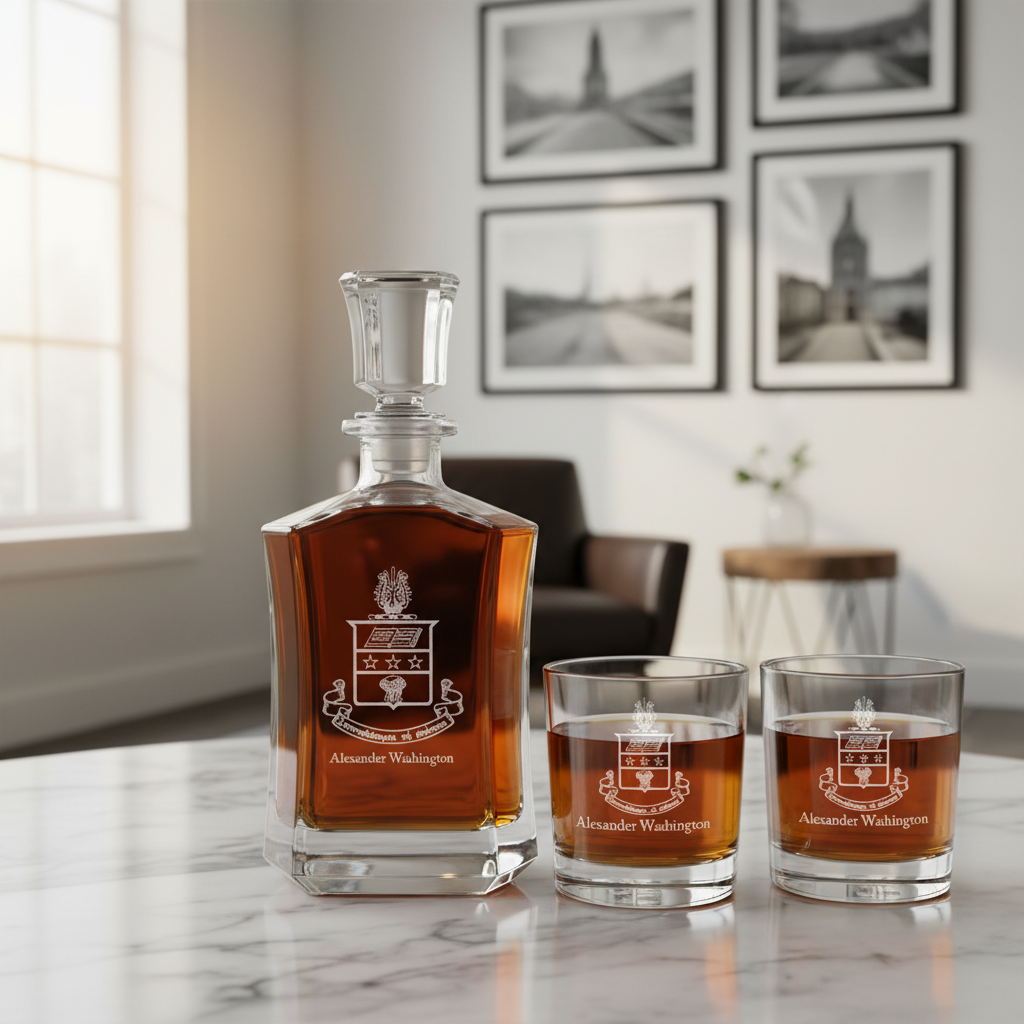 Custom Engraved Alpha Chi Omega - Personalized Crown Decanter Set with Whiskey Glasses - Coat of Arms