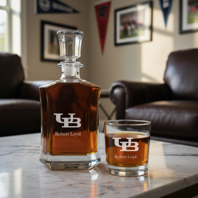 Personalized Buffalo Bulls Initial University Decanter Set - Football Fanatic Gift Ideas - Crown Personalized Whiskey Decanter