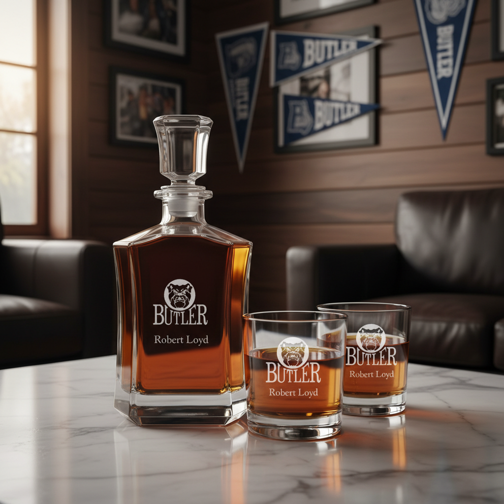 Personalized Butler Bulldogs University Decanter Set - Football Fanatic Gift Ideas - Crown Personalized Whiskey Decanter