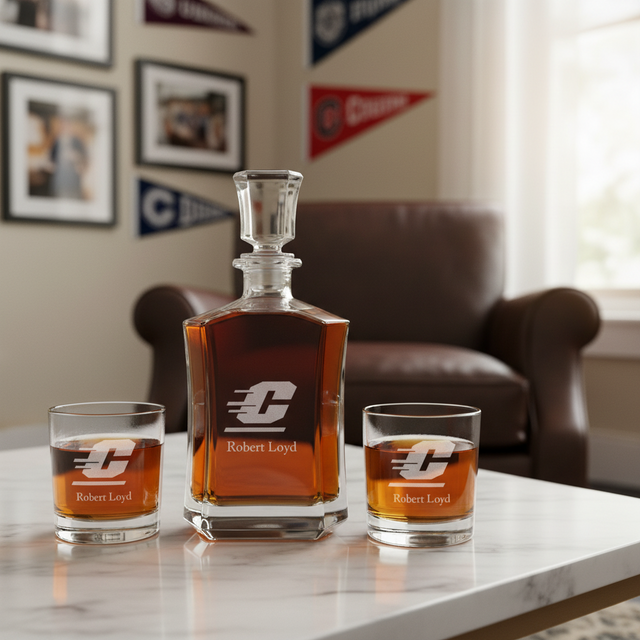 Personalized Central Michigan Chippewas University Decanter Set - Football Fanatic Gift Ideas - Crown Personalized Whiskey Decanter
