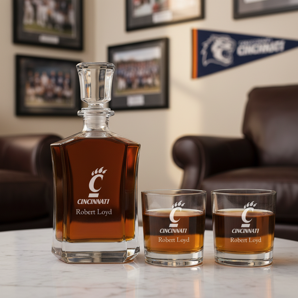 Personalized Cincinnati Bearcats University Decanter Set - Football Fanatic Gift Ideas - Crown Personalized Whiskey Decanter