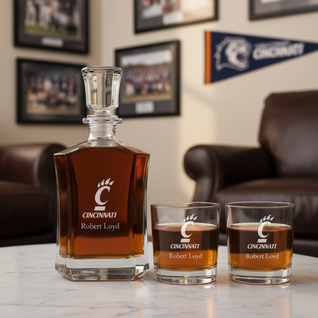 Personalized Cincinnati Bearcats University Decanter Set - Football Fanatic Gift Ideas - Crown Personalized Whiskey Decanter
