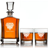 Custom Engraved Super Dad - Personalized Crown Decanter Set with Whiskey Glasses