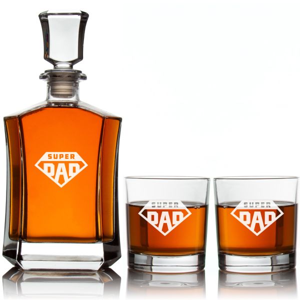 Custom Engraved Super Dad Emblem - Personalized Crown Decanter Set with Whiskey Glasses