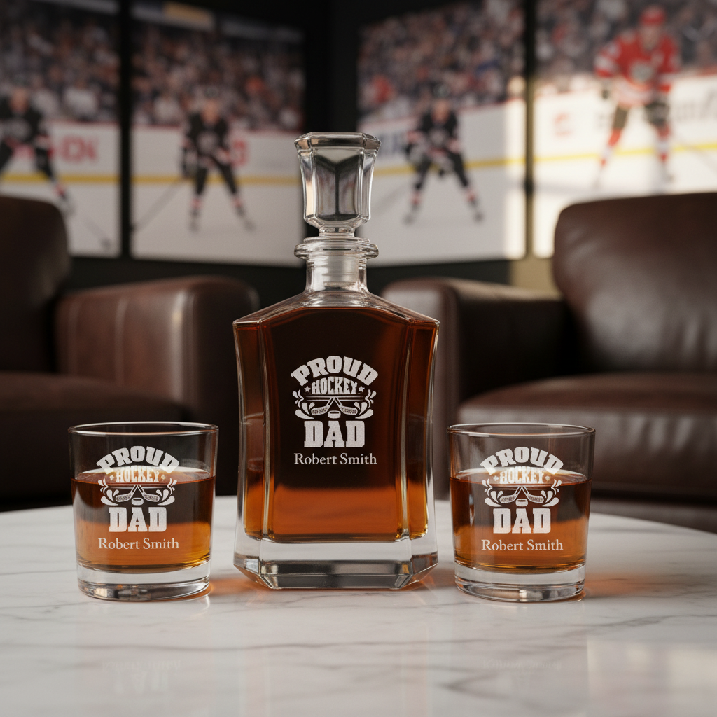 Custom Engraved Proud Hockey Dad - Personalized Crown Decanter Set with Whiskey Glasses