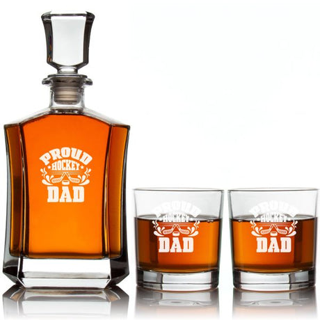 Custom Engraved Proud Hockey Dad - Personalized Crown Decanter Set with Whiskey Glasses