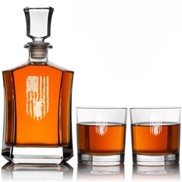Engraved USA Flag with Deer- Personalized Crown Decanter Set with Whiskey Glasses