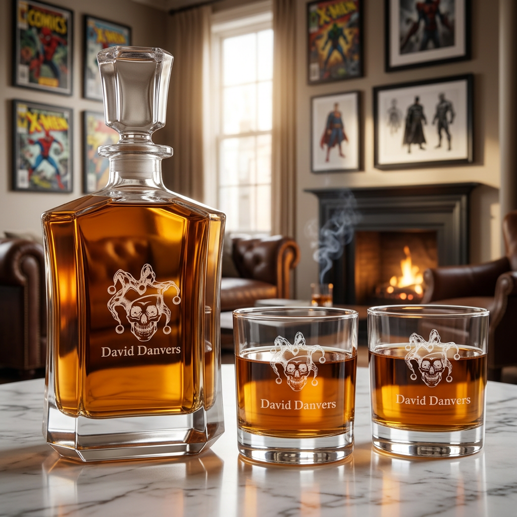 Custom Engraved Joker Skull - Personalized Crown Decanter Set with Whiskey Glasses