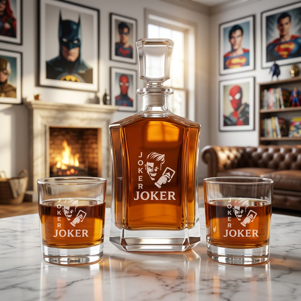 Custom Engraved Joker with Poker Card - Personalized Crown Decanter Set with Whiskey Glasses