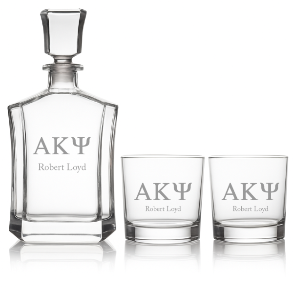 Custom Engraved Alpha Kappa Psi - Personalized Capital Decanter Set with Whiskey Glasses