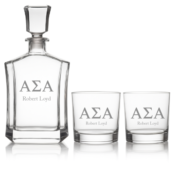 Custom Engraved Alpha Sigma Alpha - Personalized Crown Decanter Set with Whiskey Glasses