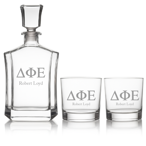Custom Engraved Delta Phi Epsilon - Personalized Crown Decanter Set with Whiskey Glasses