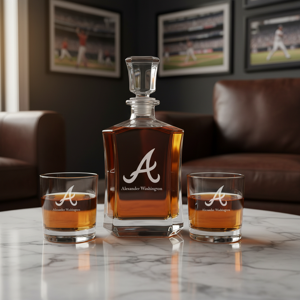 Personalized Engraved Atlanta Braves Insignia - Major League Baseball - Custom Crown Decanter Set - Baseball Fanatic Gift Ideas