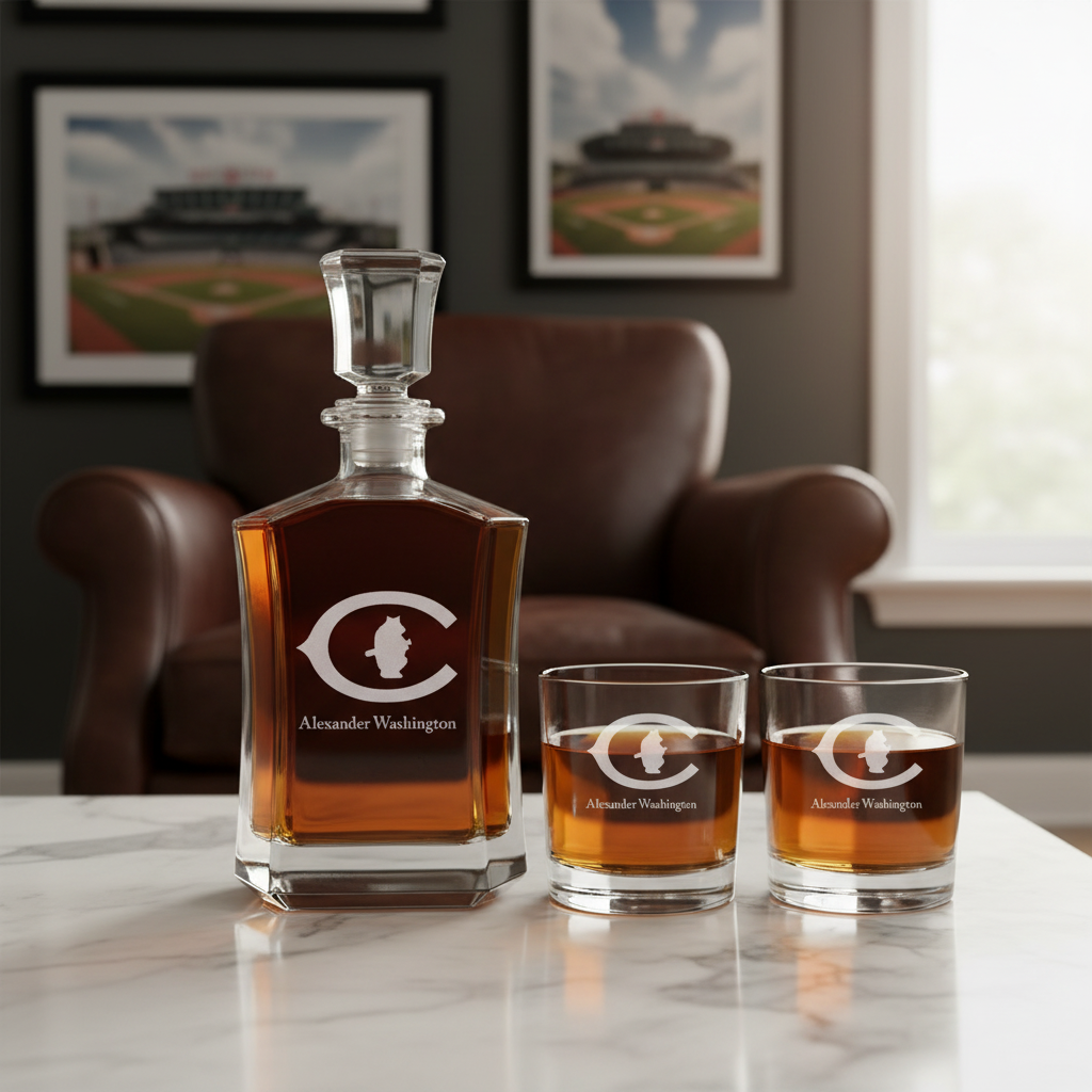 Personalized Engraved Chicago Cubs 1920 Logo - Major League Baseball - Custom Crown Decanter Set - Baseball Fanatic Gift Ideas