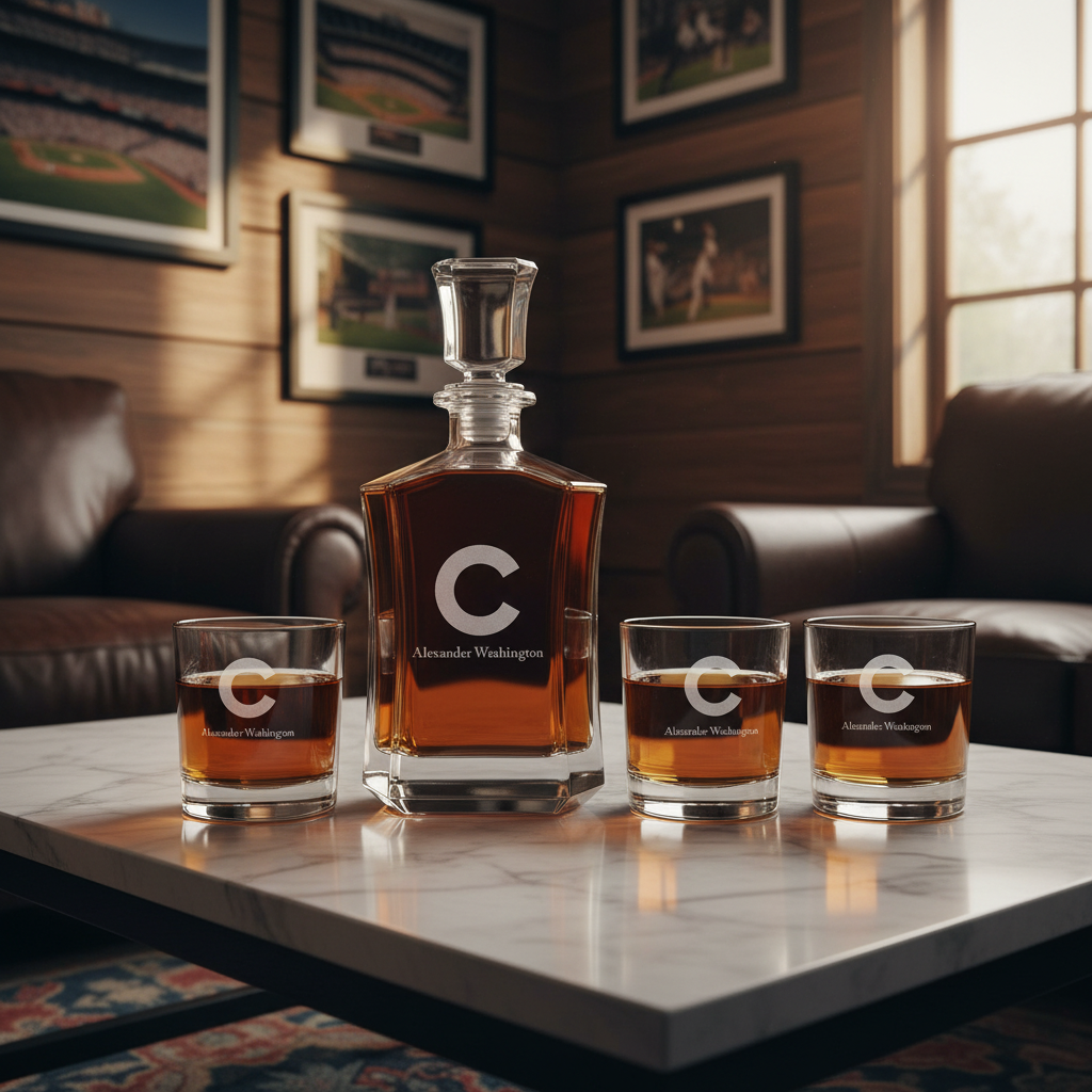 Personalized Engraved Chicago Cubs Cap Insignia - Major League Baseball - Custom Crown Decanter Set - Baseball Fanatic Gift Ideas