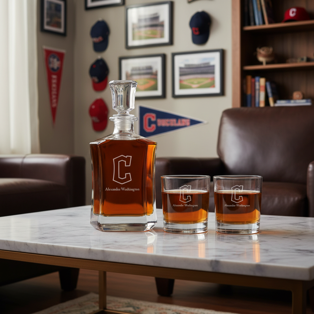 Personalized Engraved Cleveland Guardians - Major League Baseball - Custom Crown Decanter Set - Baseball Fanatic Gift Ideas