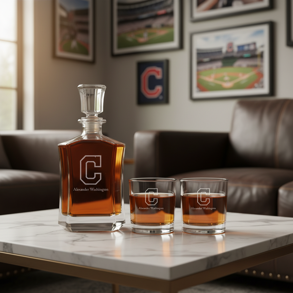 Personalized Engraved Cleveland Guardians - Major League Baseball - Custom Crown Decanter Set - Baseball Fanatic Gift Ideas