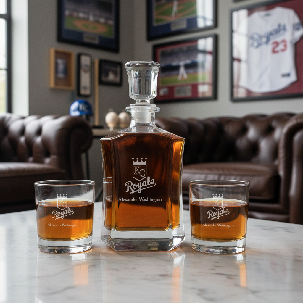 Personalized Engraved Kansas City Royals - Major League Baseball - Custom Crown Decanter Set - Baseball Fanatic Gift Ideas
