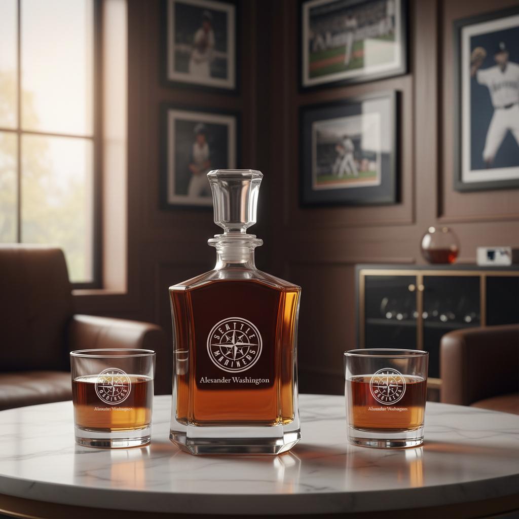 Personalized Seattle Mariners Insignia - Major League Baseball - Custom Crown Decanter Set - Baseball Fanatic Gift Ideas