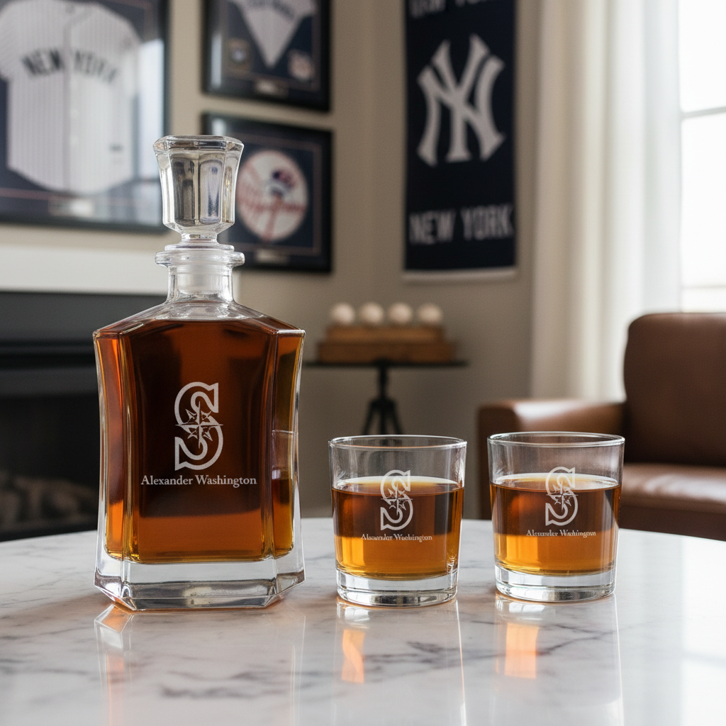 Personalized Seattle Mariners Logo - Major League Baseball - Custom Crown Decanter Set - Baseball Fanatic Gift Ideas