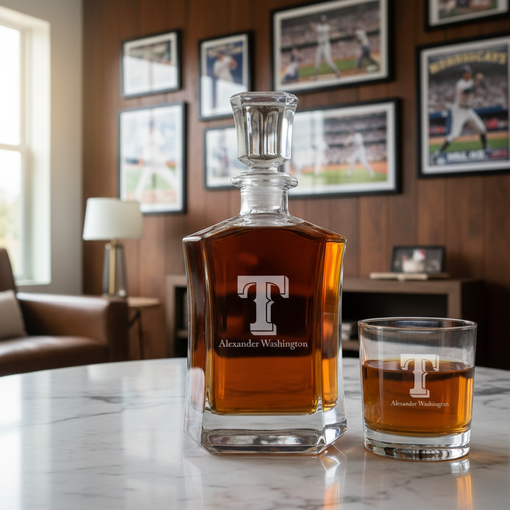 Personalized Texas Rangers Insignia - Major League Baseball - Custom Crown Decanter Set - Baseball Fanatic Gift Ideas