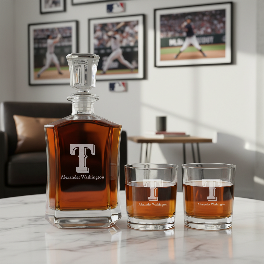 Personalized Texas Rangers Insignia - Major League Baseball - Custom Crown Decanter Set - Baseball Fanatic Gift Ideas