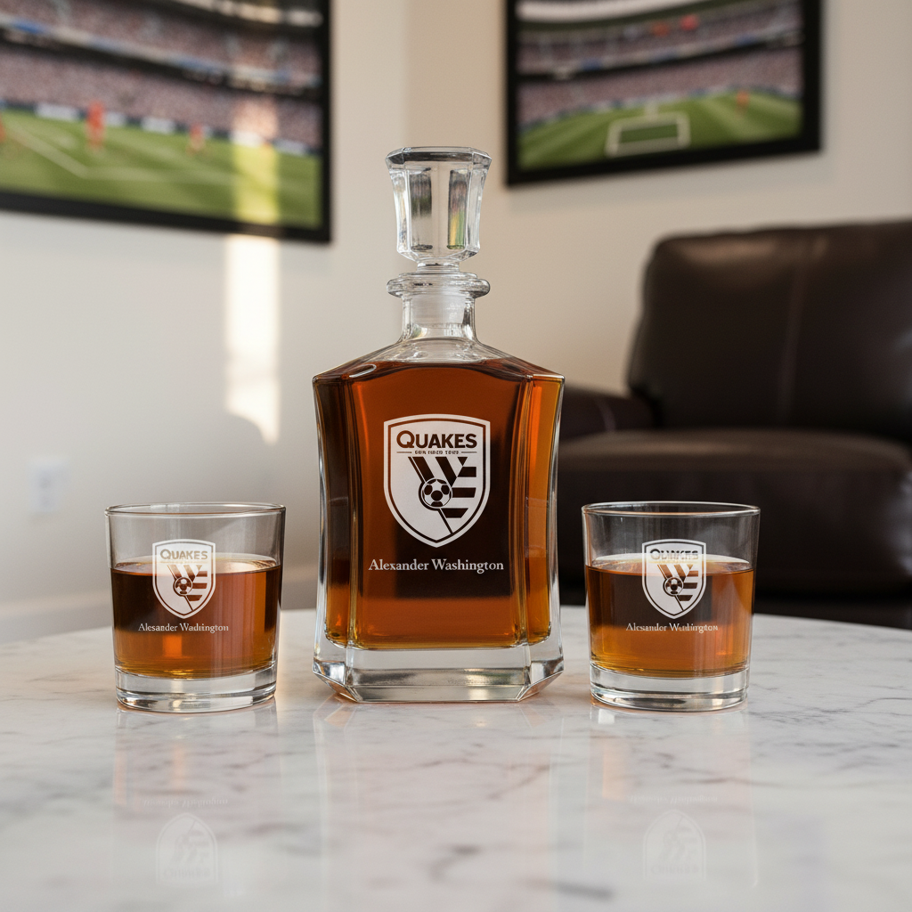 Personalized Engraved San Jose Earthquakes FC - Major League Soccer - Custom Crown Decanter Set - Soccer Fanatic Gift Ideas