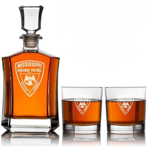 Custom Engraved Police Badges  - Custom Crown Decanter Set - Mississippi Highway Patrol Patch