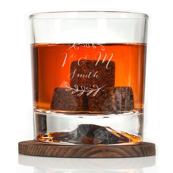 Custom Engraved Laurel Leaf Drawing Initials - Personalized Whiskey Glasses In Wood Gift Box