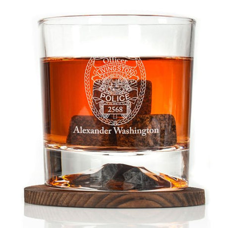 Custom Engraved - Police Badges - Personalized Whiskey Glasses In Wood Gift Box-Livingston CA