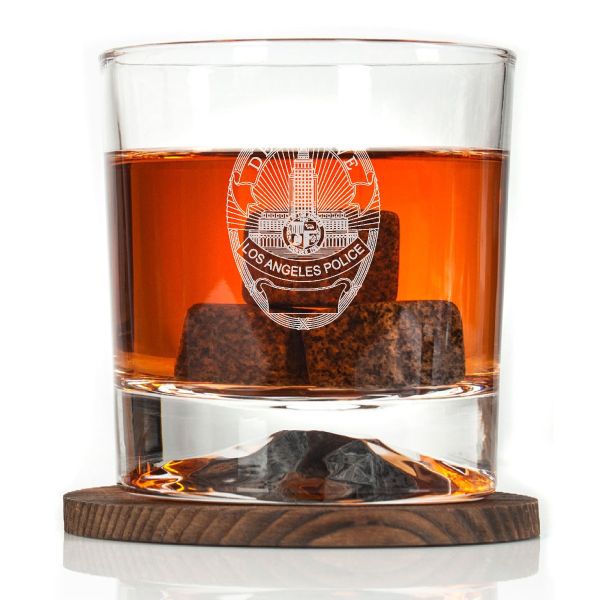 Custom Engraved - Police Badges - Personalized Whiskey Glasses In Wood Gift Box-LA Detective Police Badge