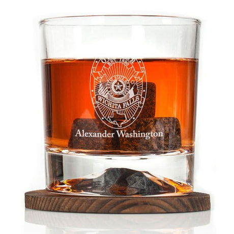 Custom Engraved - Police Badges - Personalized Whiskey Glasses In Wood Gift Box-Wichita Falls TX Police Badge