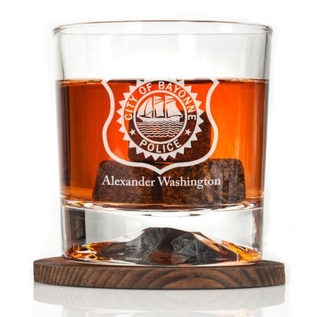 Custom Engraved - Police Badges - Personalized Whiskey Glasses In Wood Gift Box-City of Bayonne NJ Patch