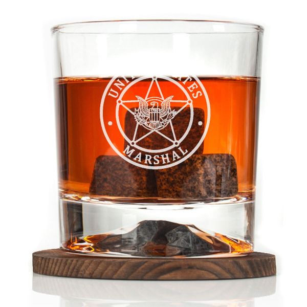 Custom Engraved - Police Badges - Personalized Whiskey Glasses In Wood Gift Box - United States Marshal Badge