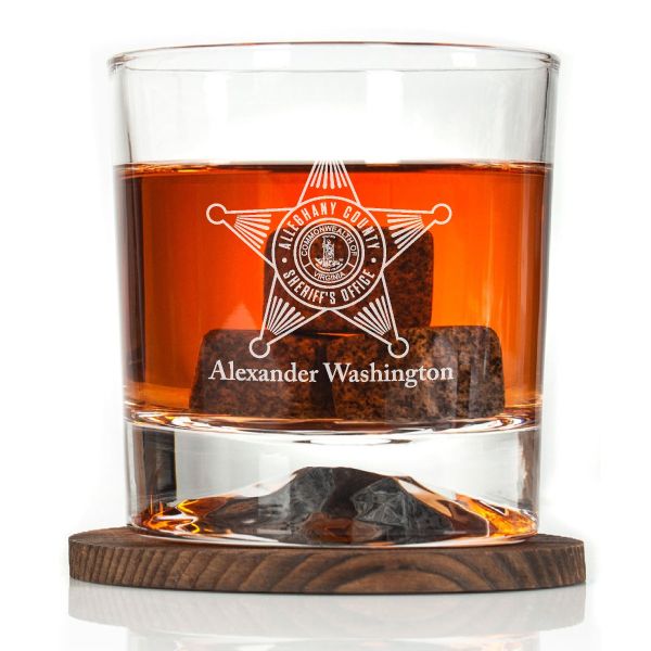 Custom Engraved - Police Badges - Personalized Whiskey Glasses In Wood Gift Box - Alleghany County VA Sheriff's Office