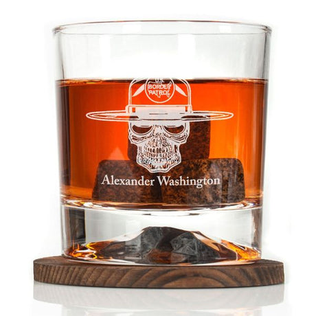 Custom Engraved - Police Badges - Personalized Whiskey Glasses In Wood Gift Box - US Border Patrol Skull