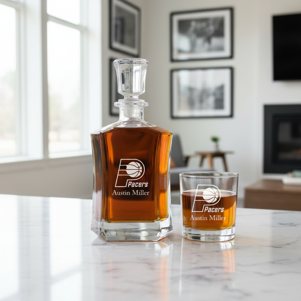 Personalized Pacers Emblem - Crown Classic Decanter Gift Set - Basketball Fanatic Gift Ideas
