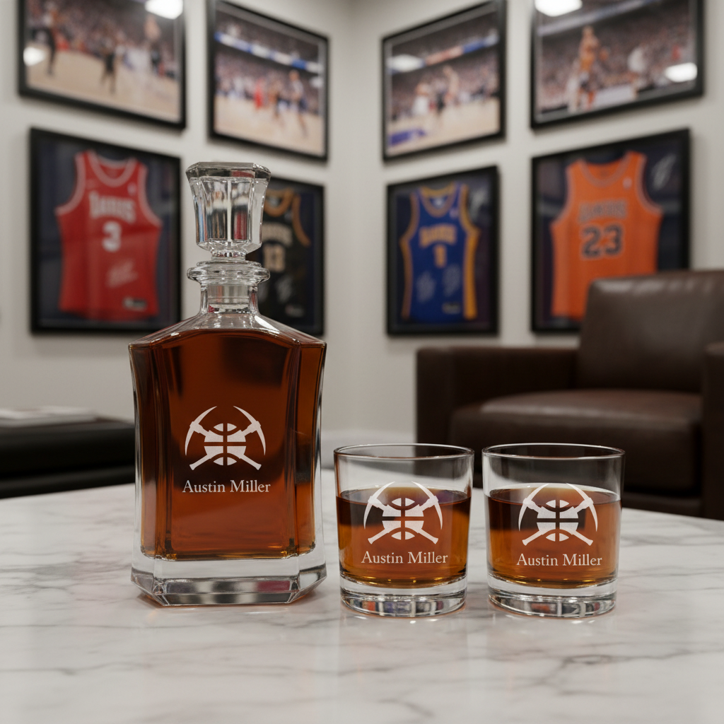 Personalized Denver Nuggets Emblem - Crown Decanter Gift Set - Basketball Fanatic Gift Ideas